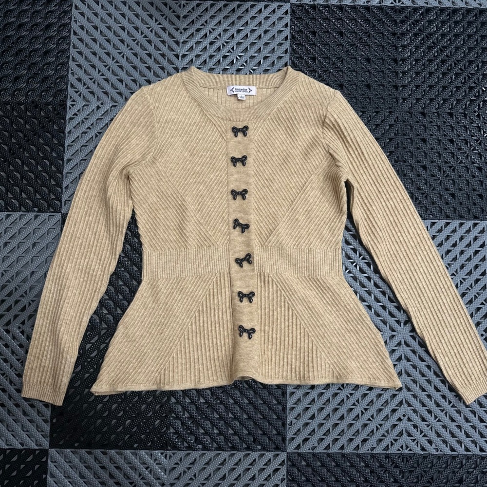 Nanette Lepore Tan Ribbed Peplum Sweater with Black Bow Accents Size S